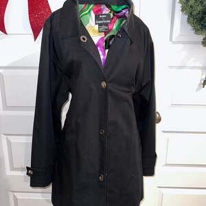 Dennis Basso Water Resistant Button Front Rain Jacket with Printed Lining